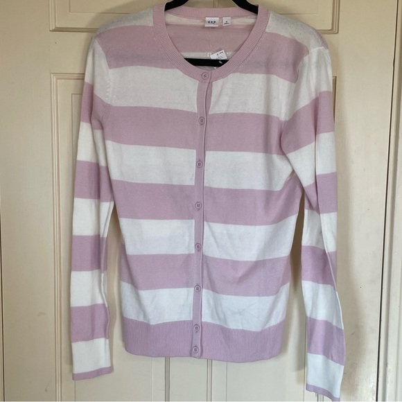 NWT GAP Women Size Medium Crew Neck Pink Stripped Soft Knit Cardigan 100% Cotton - Picture 1 of 10